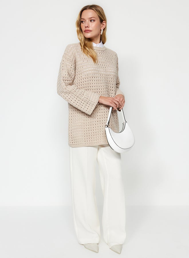 trendyol Beige Relaxed Cut Openwork/Hole Knitted Sweater - Image 4