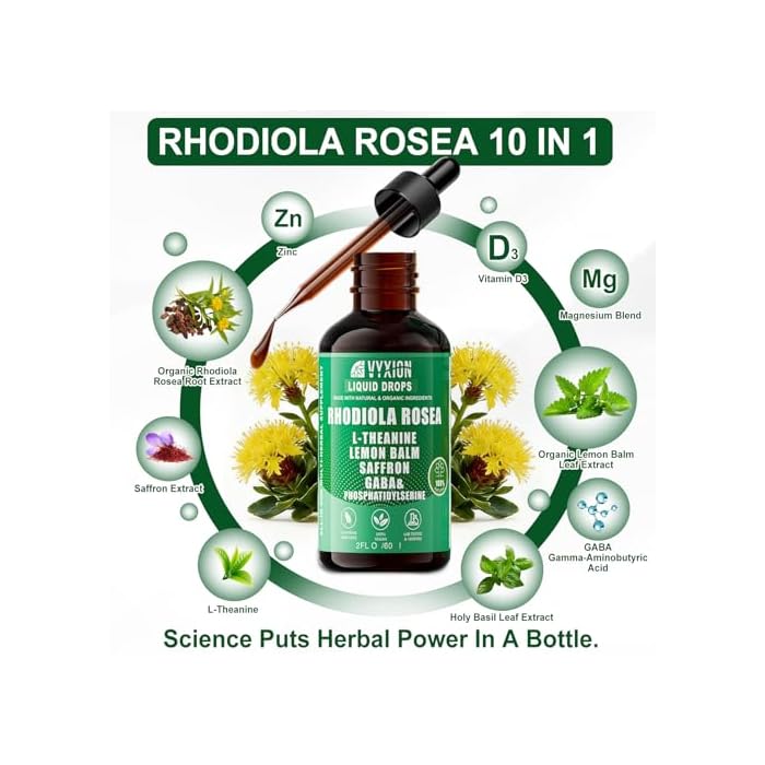Vyxion Rhodiola Rosea Organic Extract Liquid 10-in-1 | Rhodiola, Saffron, GABA, L-Theanine | Supports Mood, Calm & Energy | 60ml, Vegan, Alcohol-Free - Image 2