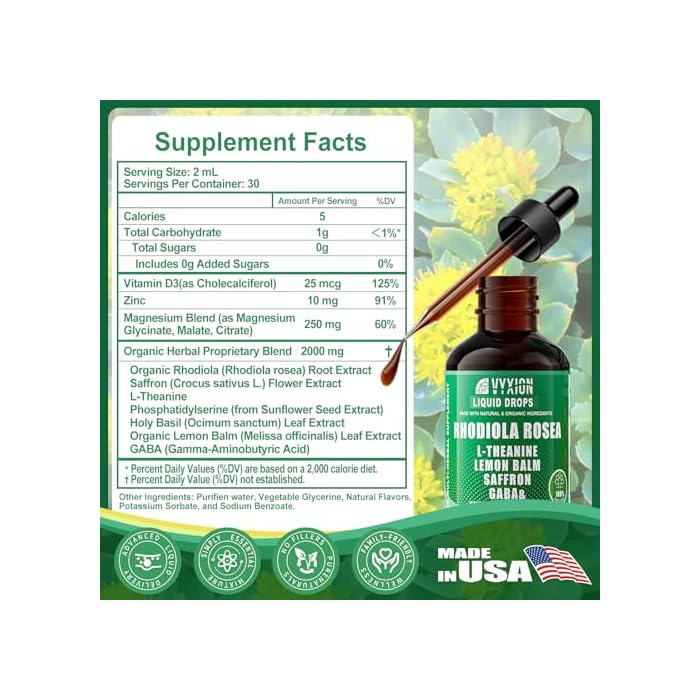 Vyxion Rhodiola Rosea Organic Extract Liquid 10-in-1 | Rhodiola, Saffron, GABA, L-Theanine | Supports Mood, Calm & Energy | 60ml, Vegan, Alcohol-Free - Image 4