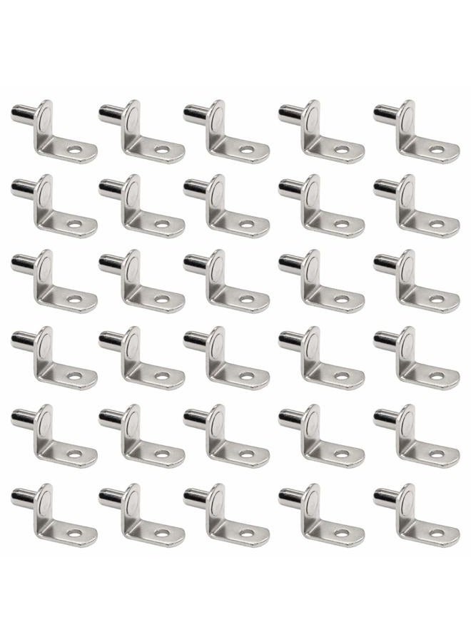 lasenersm 30 Pieces 5mm Bracket Style Cabinet Shelf Pins with Hole 4mm Hole Shelf Support Pegs L-Shaped Hardware Heavy Duty Shelf Support Pins for Kitchen Cabinet Furniture Book Shelves, Silver-Tone - Image 1