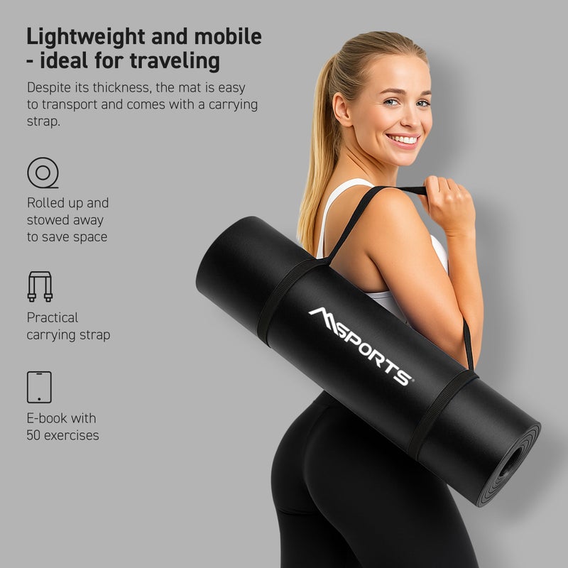 MSPORTS Thick Yoga Mat Non Slip â€“ Extra Comfortable Exercise Mat for Home Workouts, Pilates, Stretching & Gym â€“ Cushioned NBR Foam, Yoga Mat with Strap, for Women & Men (Black, 74.5 x 24 x 0.6 in) - Image 3