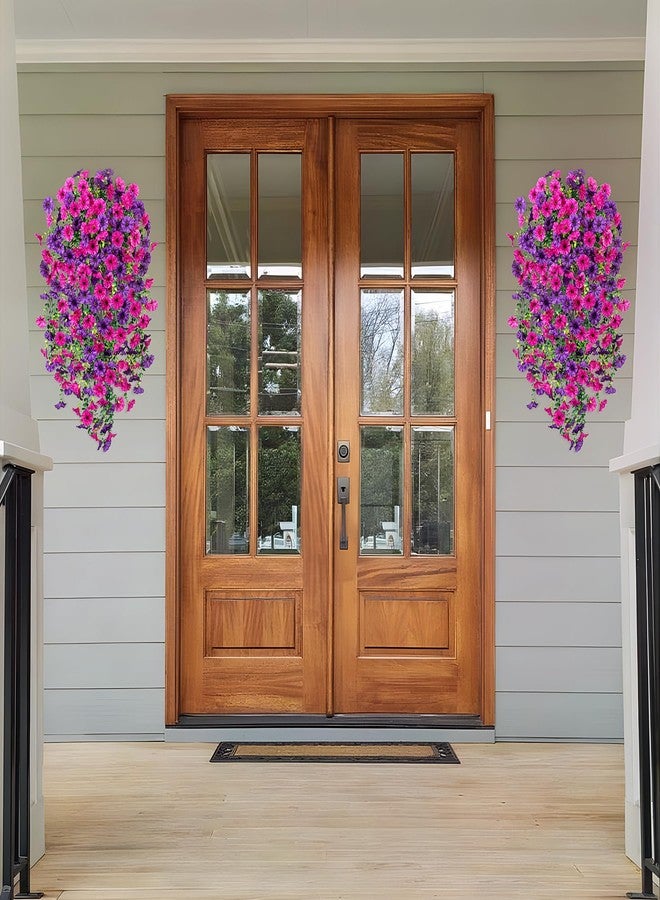 Hrobek Artificial Hanging Flowers for Outdoor, 2pcs Fake Plants Long Vine Morning Glory Eucalyptus, UV Resistant Realistic Faux Greenery Indoor Outside Patio Porch Garden Spring Decor, Purple - Image 5