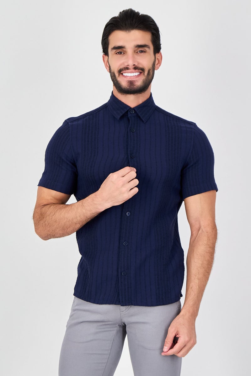 Celio Men Regular Fit Textured Short Sleeve Casual Shirt, Navy - Image 1