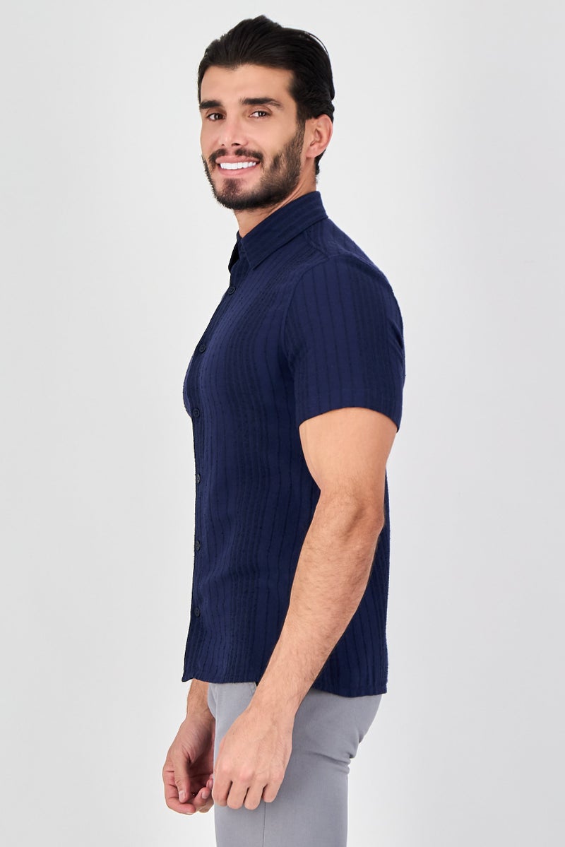 Celio Men Regular Fit Textured Short Sleeve Casual Shirt, Navy - Image 2