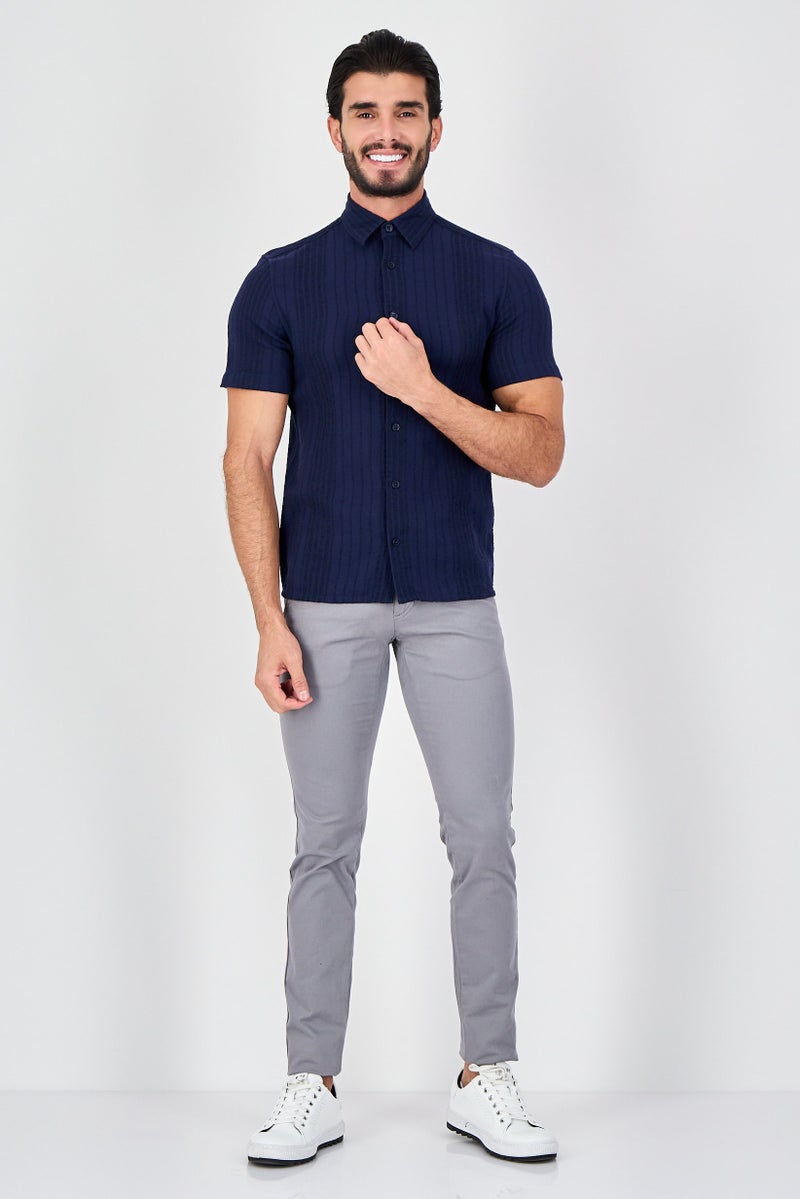 Celio Men Regular Fit Textured Short Sleeve Casual Shirt, Navy - Image 4