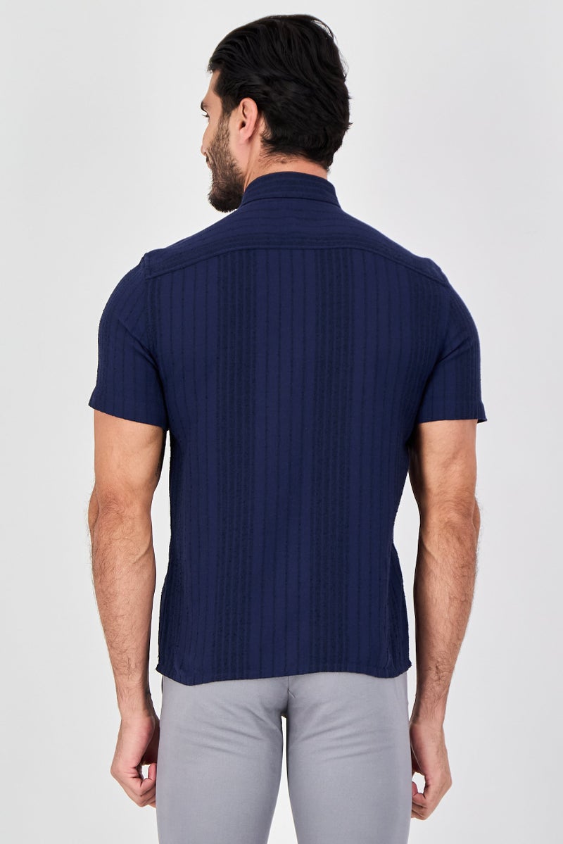 Celio Men Regular Fit Textured Short Sleeve Casual Shirt, Navy - Image 3