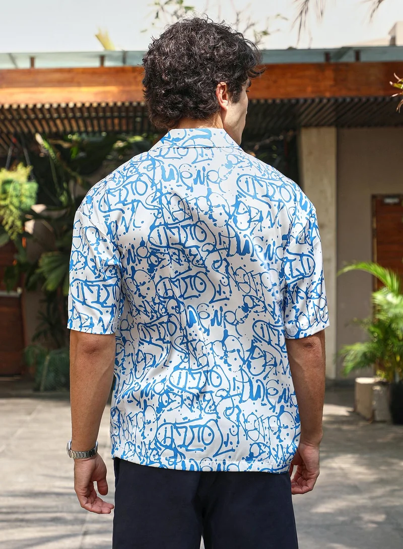 Campus Sutra Men's Azure Blue & Cream White Graffiti Satin Oversized Shirt