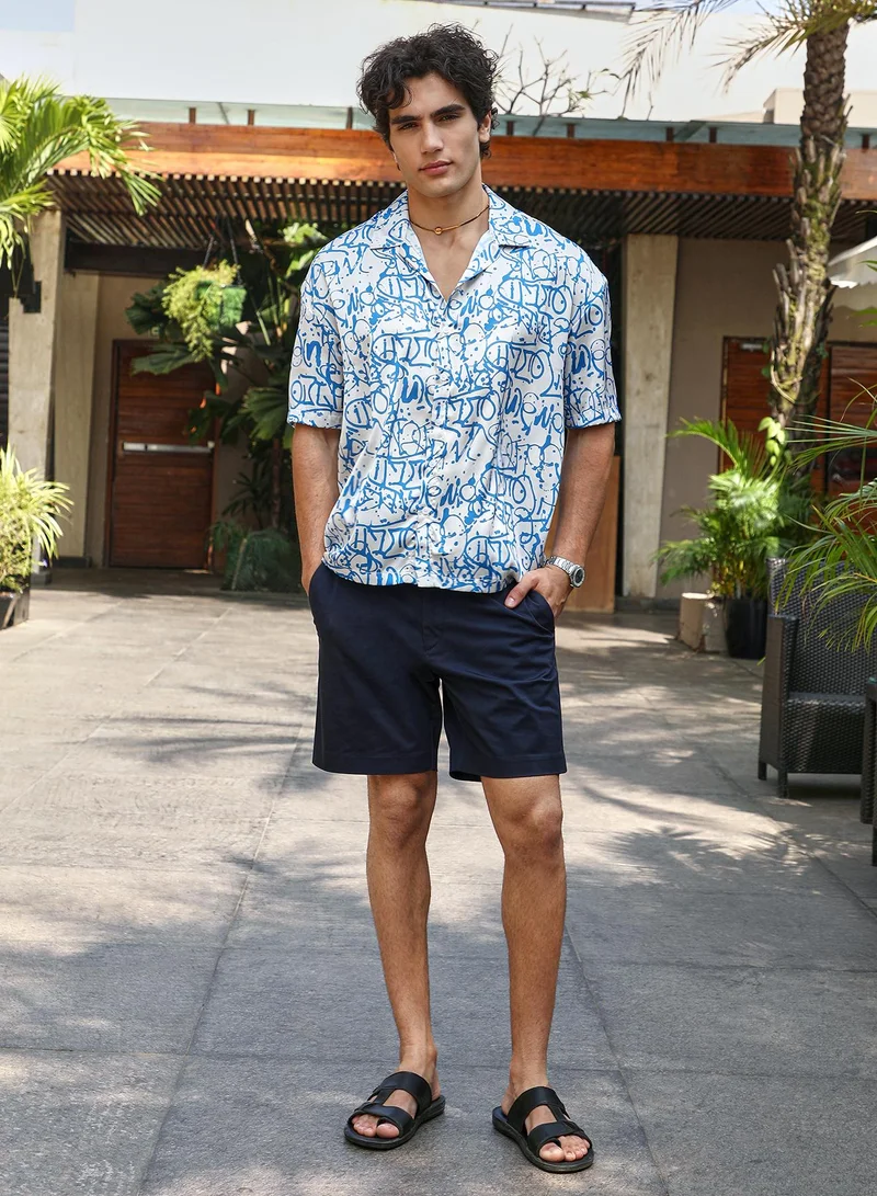 Campus Sutra Men's Azure Blue & Cream White Graffiti Satin Oversized Shirt