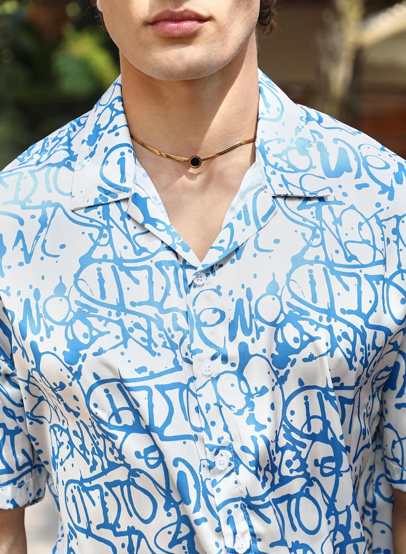 Campus Sutra Men's Azure Blue & Cream White Graffiti Satin Oversized Shirt