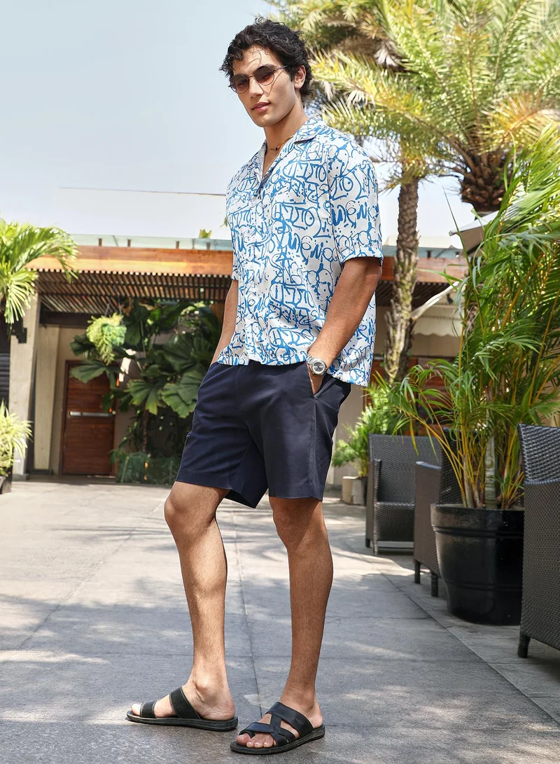 Campus Sutra Men's Azure Blue & Cream White Graffiti Satin Oversized Shirt