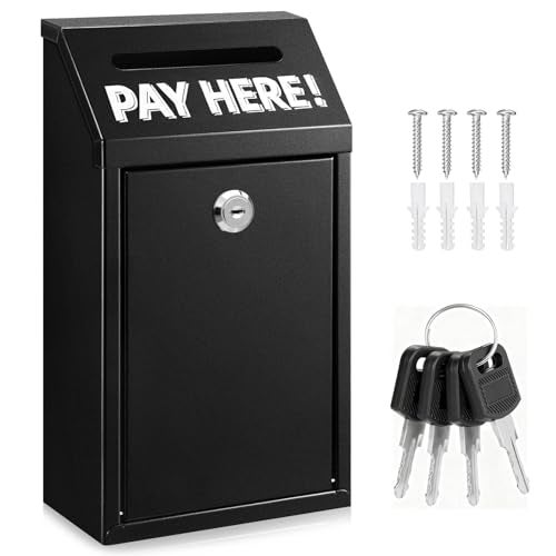 Hualleko Metal Donation Box with Lock – Wall Mounted Cash Money Box with Slot for Cash Deposit, Hualleko Money Drop with Lock and Slot for Home/Office/Outdoors 10.2 x 5.6 x 2.9 Inch(Black) - Image 1