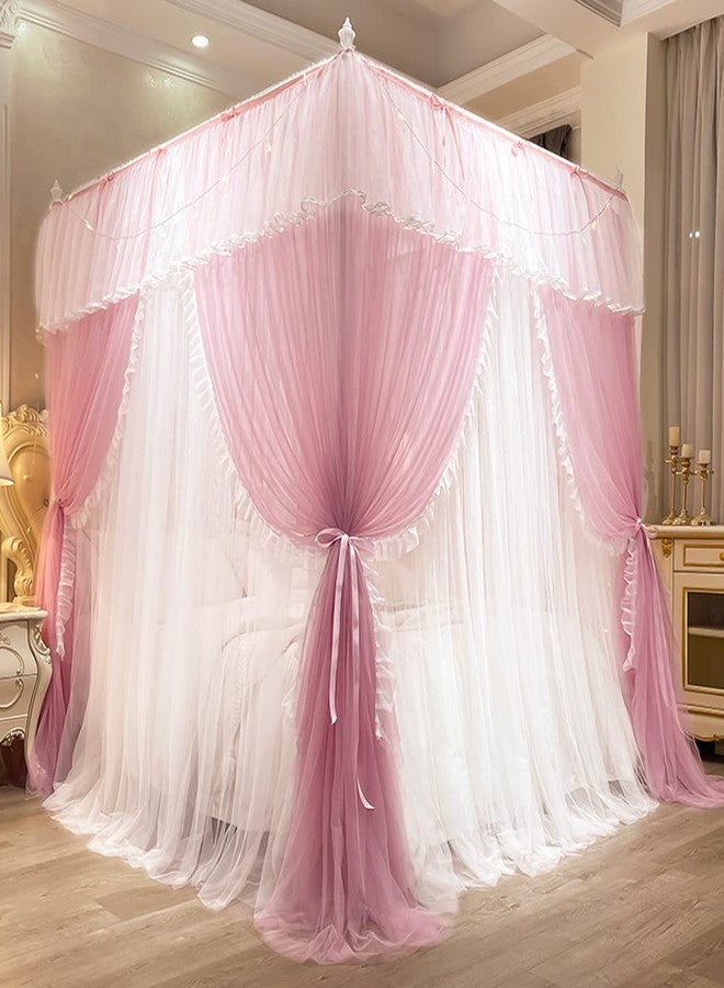 Mengersi Canopy Bed Curtains with Lights,4 Corner Bed Canopy Royal Luxurious Bed Drapes Netting,Princess Bed Curtains for Girls Adults Bedroom Decoration (Pink, Queen) - Image 3