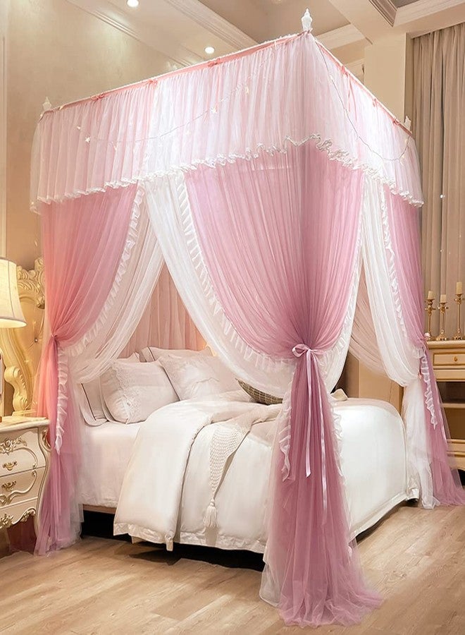Mengersi Canopy Bed Curtains with Lights,4 Corner Bed Canopy Royal Luxurious Bed Drapes Netting,Princess Bed Curtains for Girls Adults Bedroom Decoration (Pink, Queen) - Image 1