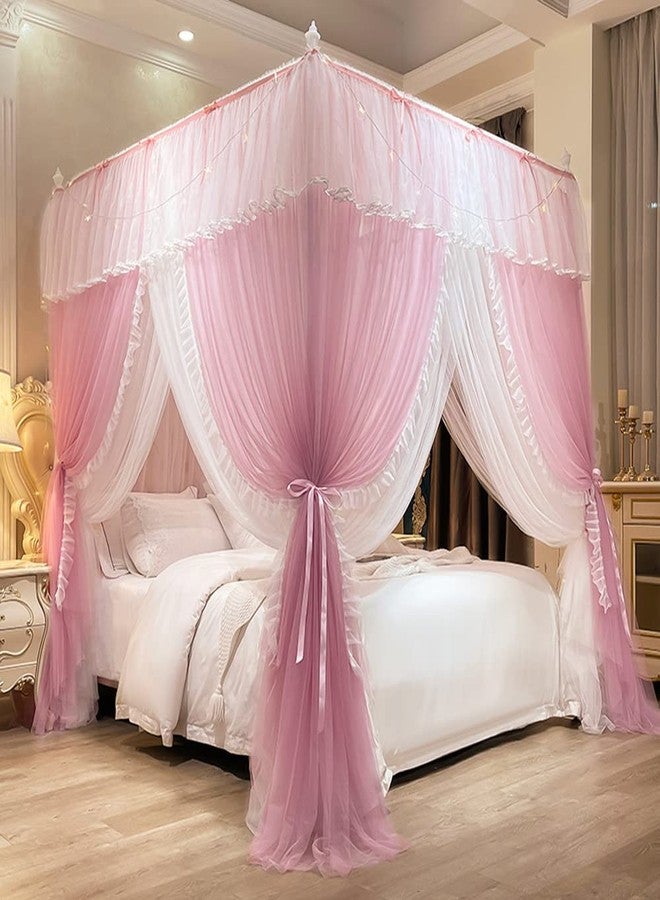 Mengersi Canopy Bed Curtains with Lights,4 Corner Bed Canopy Royal Luxurious Bed Drapes Netting,Princess Bed Curtains for Girls Adults Bedroom Decoration (Pink, Queen) - Image 2