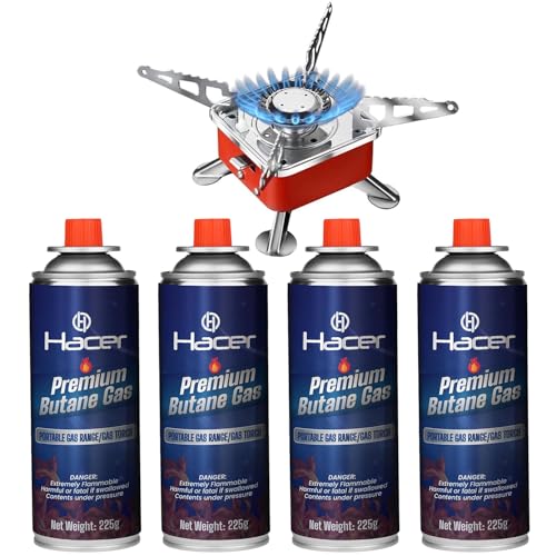 Hacer Portable Camping Stove for Travel with Butane Gas Cylinder, Foldable Furnace & Refill Canister Kit, Lightweight Gas Burner for Hiking & Emergency Cooking Use (4 Refill + 1 Stove) - Image 1