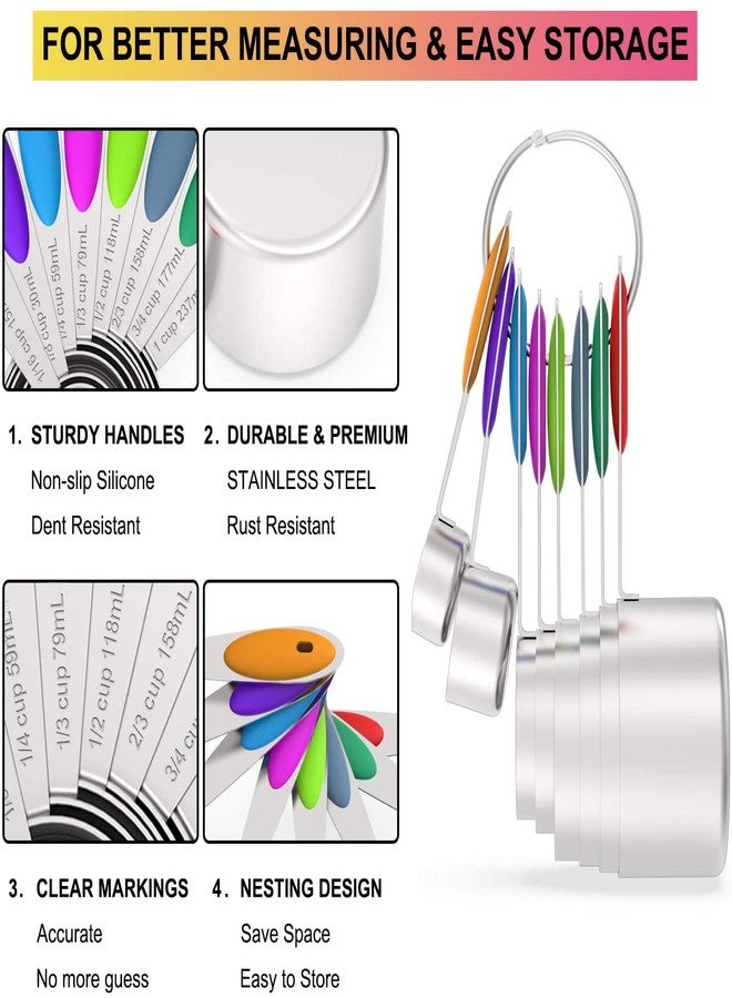 Wildone Measuring Cups & Spoons Set of 16, Wildone Premium Stainless Steel Measuring Cups and Measuring Spoons with Colored Silicone Handle, Including 8 Nesting Cups, 8 Spoons, for Dry and Liquid Ingredient - Image 3