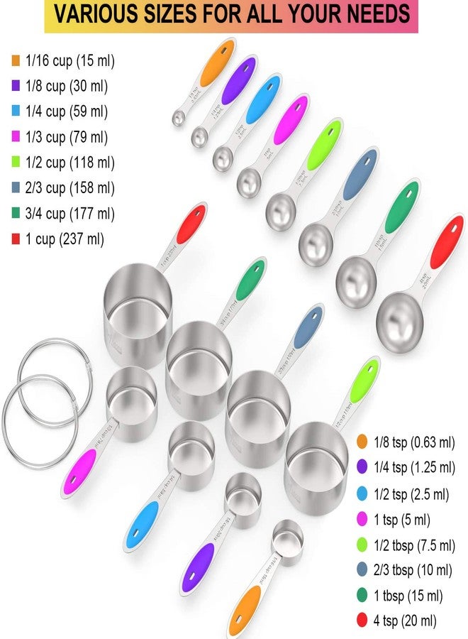 Wildone Measuring Cups & Spoons Set of 16, Wildone Premium Stainless Steel Measuring Cups and Measuring Spoons with Colored Silicone Handle, Including 8 Nesting Cups, 8 Spoons, for Dry and Liquid Ingredient - Image 2