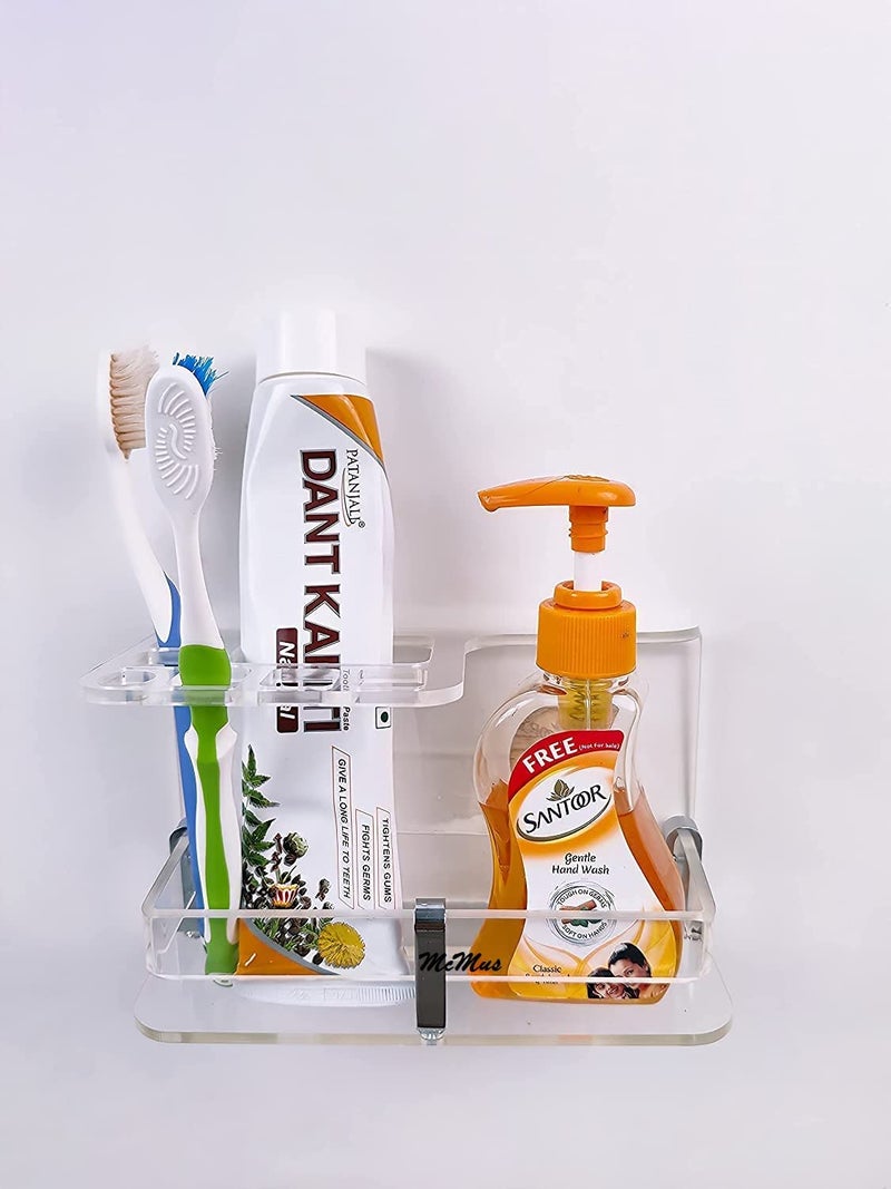 McMus Wall Mounted self Adhesive Acrylic Tooth Brush, Toothbrush Holder for Bathroom, Toothbrush Tumbler, Toothpaste for Bathroom Stand Organizer Rack for Bathroom (Transparent) (Stick M) - Image 1