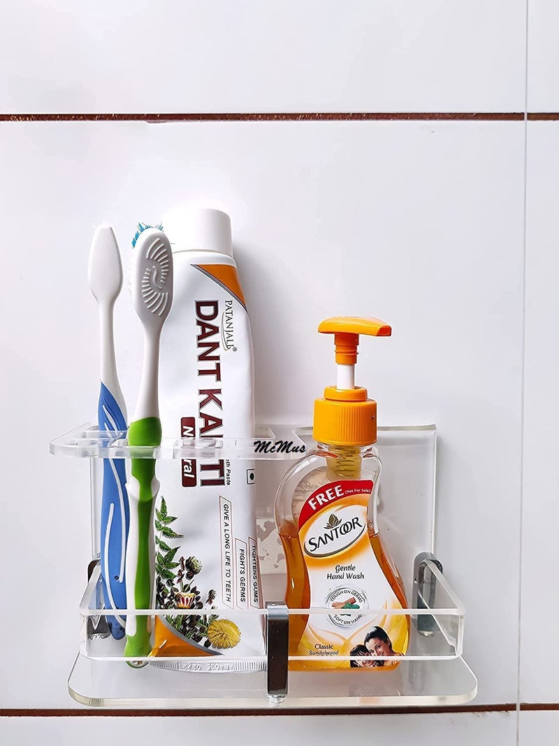 McMus Wall Mounted self Adhesive Acrylic Tooth Brush, Toothbrush Holder for Bathroom, Toothbrush Tumbler, Toothpaste for Bathroom Stand Organizer Rack for Bathroom (Transparent) (Stick M) - Image 2
