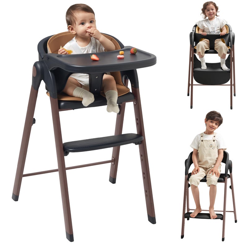 KUB High Chair for Babies and Toddlers Adjustable Foldable Convertible 5 Point Harness Easy Clean WoodPrinted Metal with Removable Tray Baby Highchair for Family BlackWalnut WoodPrinted Metal