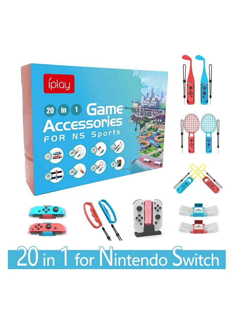 iplay 20 in 1 Sports Accessories Bundle for Sports Somatosensory Sports Set for NS Sports Switch Games with Fencing Grips Tennis Rackets Sports Straps Golf Clubs Charging Dock - Image 1