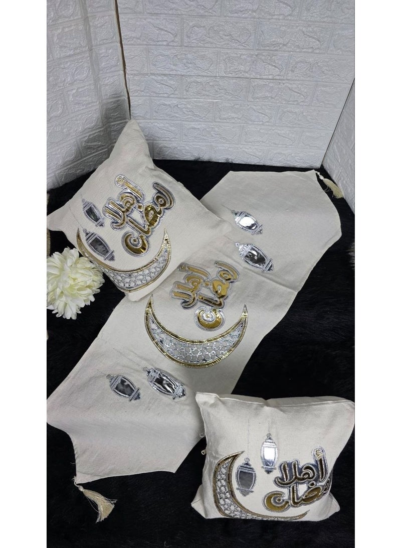 ناما طقم ديكور رمضان الفاخر - مفرش طاولة (رانر) مع وسادتين بتصميم إسلامي عصري