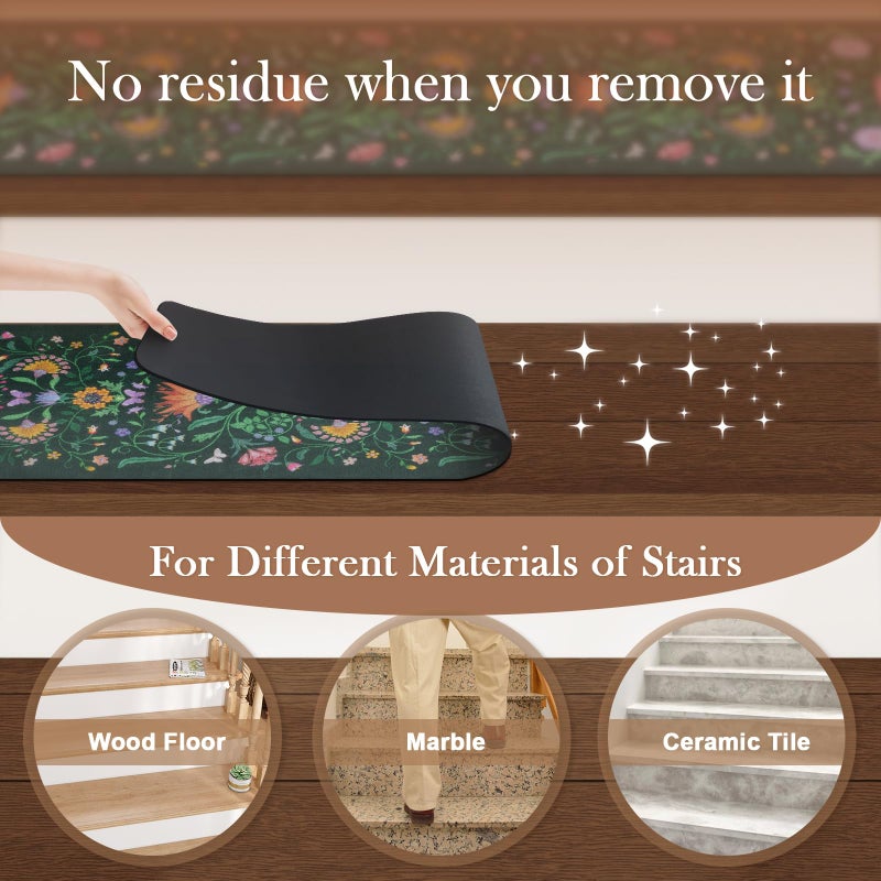 OJIA Floral Stair Treads Non Slip Stair Runners for Wooden Steps Indoor, 15PCS 8"x30" Rubber Backing Carpet Treads for Wood Stairs Staircase Step Treads for Kids & Dogs, Stair Covers, Green - Image 3