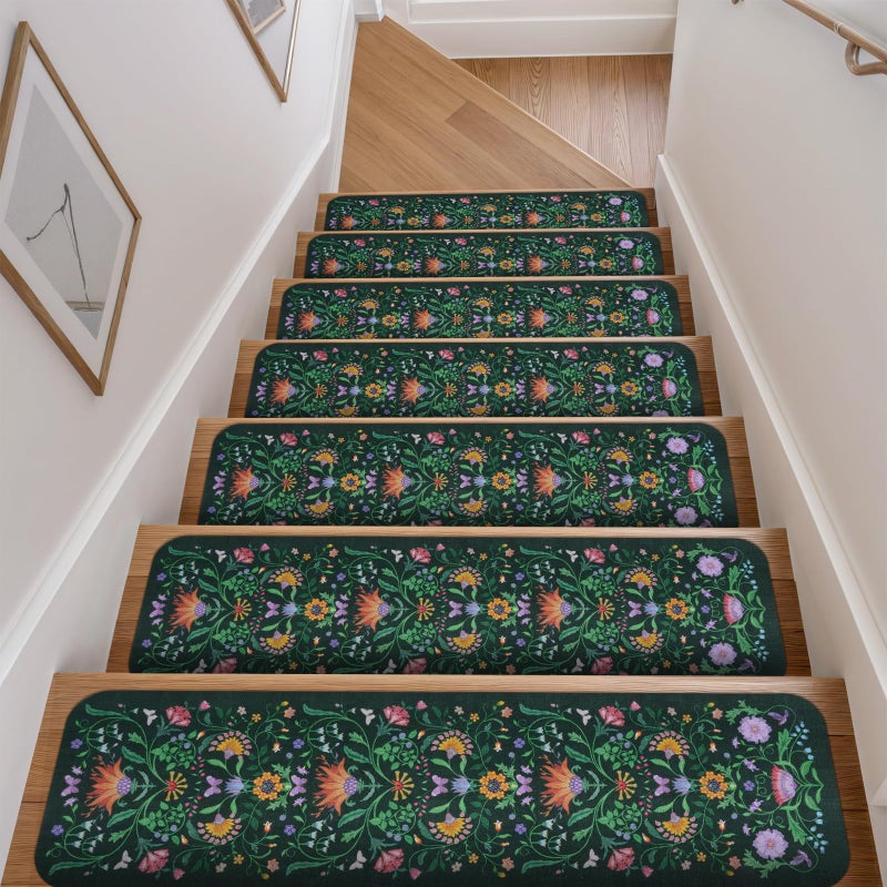 OJIA Floral Stair Treads Non Slip Stair Runners for Wooden Steps Indoor, 15PCS 8"x30" Rubber Backing Carpet Treads for Wood Stairs Staircase Step Treads for Kids & Dogs, Stair Covers, Green - Image 1