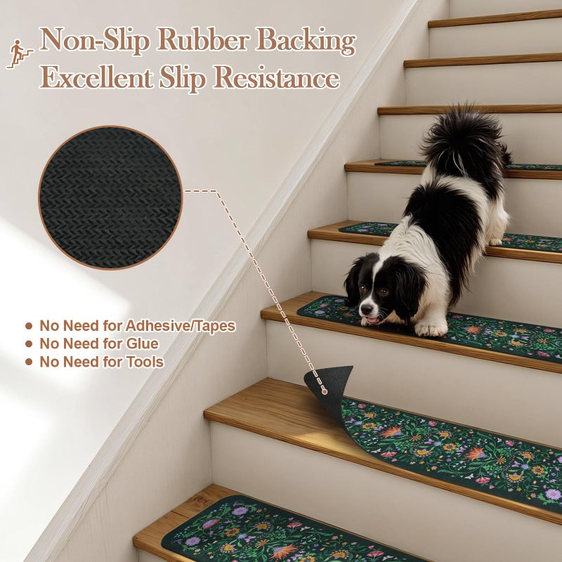 OJIA Floral Stair Treads Non Slip Stair Runners for Wooden Steps Indoor, 15PCS 8"x30" Rubber Backing Carpet Treads for Wood Stairs Staircase Step Treads for Kids & Dogs, Stair Covers, Green - Image 2