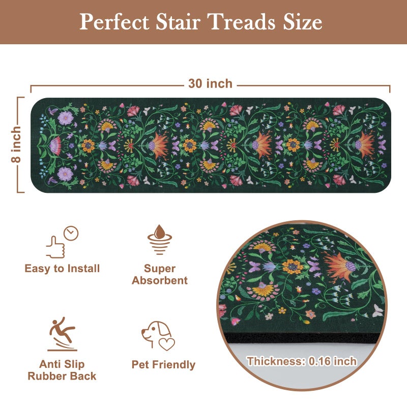 OJIA Floral Stair Treads Non Slip Stair Runners for Wooden Steps Indoor, 15PCS 8"x30" Rubber Backing Carpet Treads for Wood Stairs Staircase Step Treads for Kids & Dogs, Stair Covers, Green - Image 4