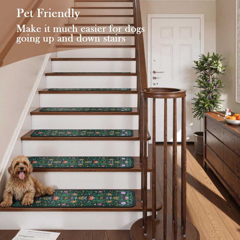 OJIA Floral Stair Treads Non Slip Stair Runners for Wooden Steps Indoor, 15PCS 8"x30" Rubber Backing Carpet Treads for Wood Stairs Staircase Step Treads for Kids & Dogs, Stair Covers, Green - Image 5