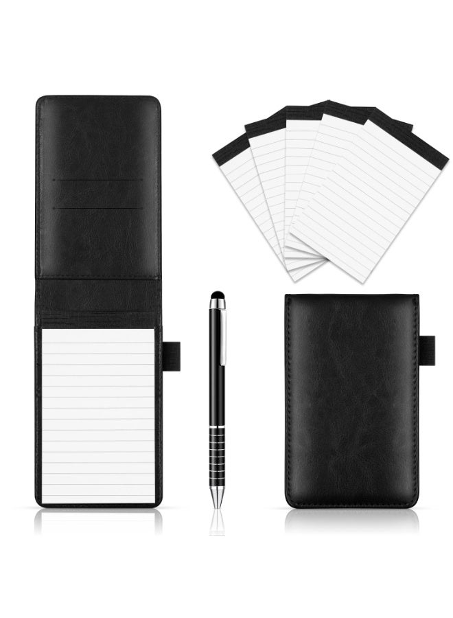 Mini Pocket Notepad Set, 14 x 9 cm PU Leather Holder with Metal Pen, 50 Lined Sheets and 5 Memo Book Refills, Black - Image 1