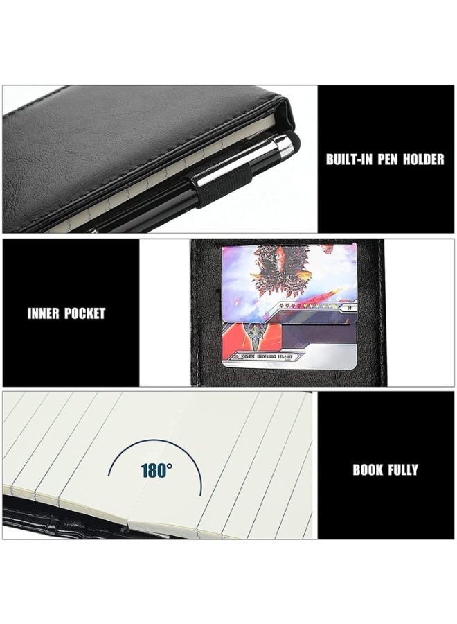 Mini Pocket Notepad Set, 14 x 9 cm PU Leather Holder with Metal Pen, 50 Lined Sheets and 5 Memo Book Refills, Black - Image 5