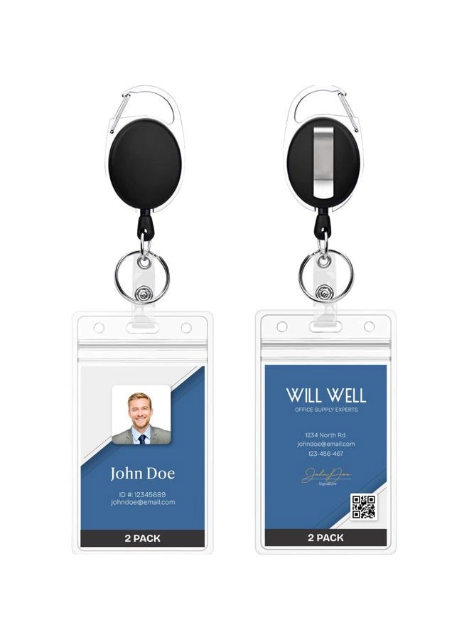 Will Well ID Badge Holders with Clip and Keyring - Vertical Clear Plastic 2.52" x 3.58" Sleeves Fit Up to 3 Cards - Retractable 24" UHMWPE Fiber Pull Cords for Easy Access - 2-Pack, Black Reels - Image 1