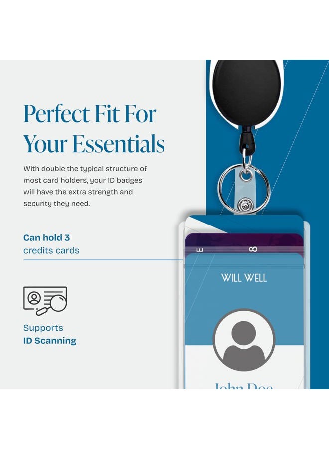 Will Well ID Badge Holders with Clip and Keyring - Vertical Clear Plastic 2.52" x 3.58" Sleeves Fit Up to 3 Cards - Retractable 24" UHMWPE Fiber Pull Cords for Easy Access - 2-Pack, Black Reels - Image 3