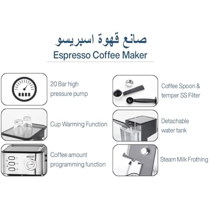GENERALTEC Espresso Coffee Maker 20 Bar High Pressure Pump Cup Warming Function Steam Milk Frother Detachable Water Tank Coffee Amount Programming  Model Gcm2000Ex  1 Year Warranty - Image 2