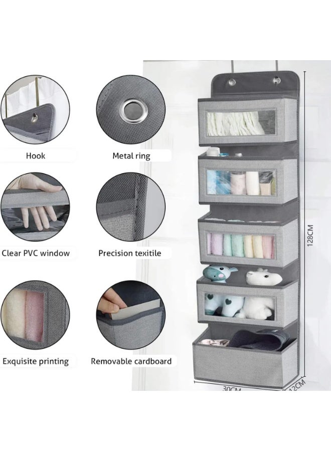 Over the Door Storage Organizer,with 5 Large Pockets,Wall Mount Storage with Clear Windows and 2 Widened Metal Hooks for Pantry,Nursery,Diapers,Bathroom,Kitchen,Closet(33 * 12 * 128) - Image 4