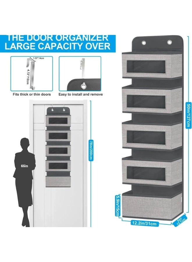 Over the Door Storage Organizer,with 5 Large Pockets,Wall Mount Storage with Clear Windows and 2 Widened Metal Hooks for Pantry,Nursery,Diapers,Bathroom,Kitchen,Closet(33 * 12 * 128) - Image 3