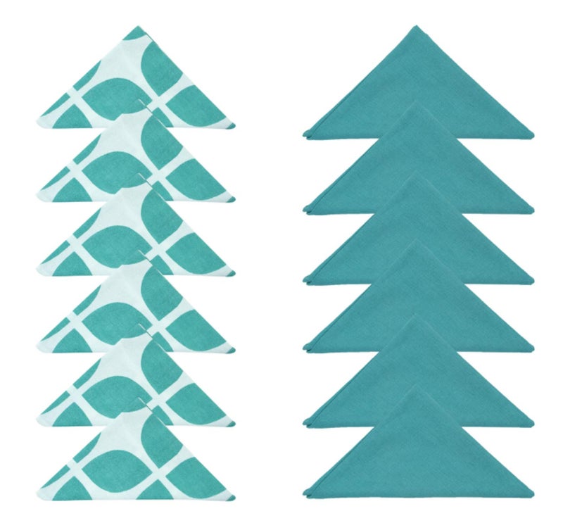 Dekor World Cotton Aqua Printed and Solid Napkin Set Pack of 12 - Image 1