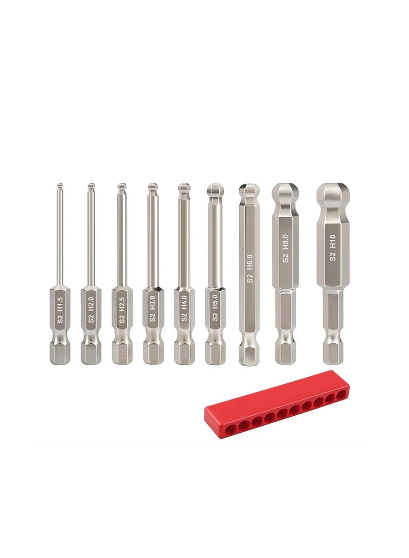 Yakumuz 9pcs Metric Ball End Hex Screwdriver Bit Set Yakumuz Magnetic Ball End Hex Head Allen Wrench Drill Bit Set 1/4" Hex Shank S2 Steel Hex Bit Screw Driver Drill Bits Set, 2" Long - Image 1