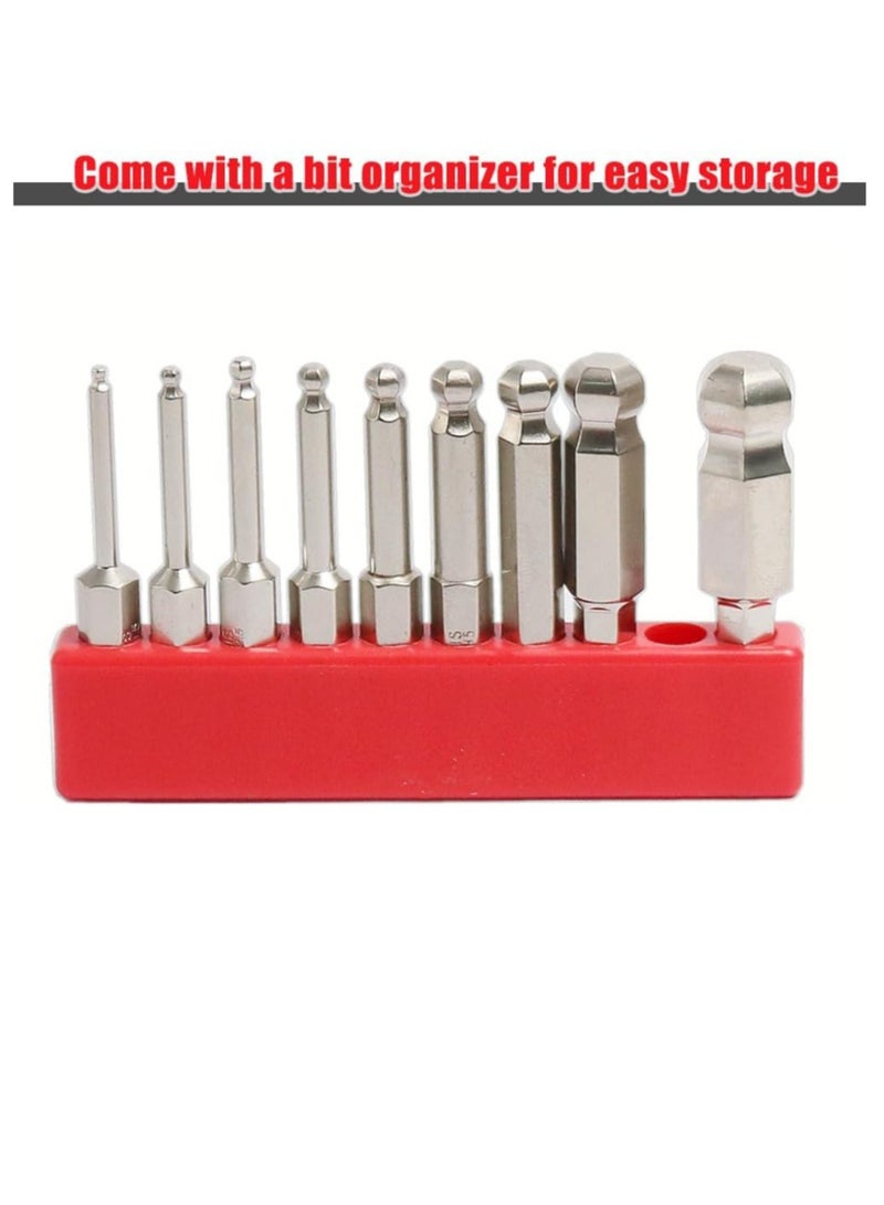 Yakumuz 9pcs Metric Ball End Hex Screwdriver Bit Set Yakumuz Magnetic Ball End Hex Head Allen Wrench Drill Bit Set 1/4" Hex Shank S2 Steel Hex Bit Screw Driver Drill Bits Set, 2" Long - Image 4