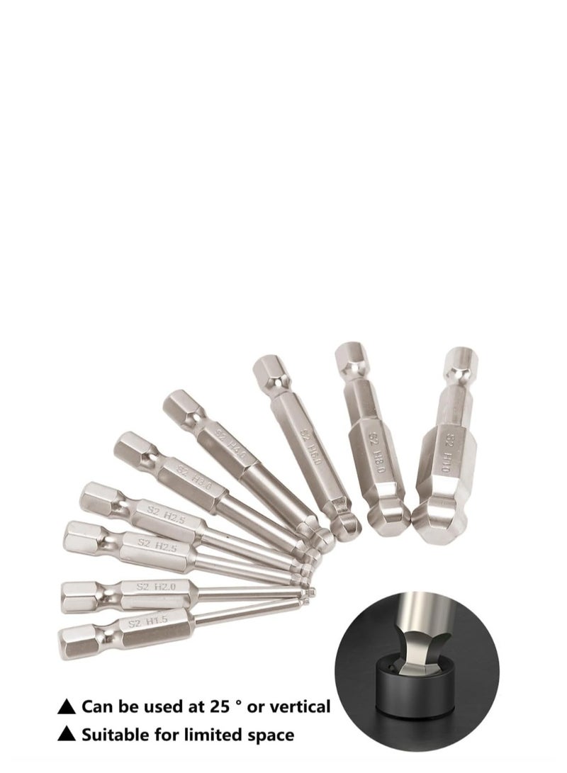 Yakumuz 9pcs Metric Ball End Hex Screwdriver Bit Set Yakumuz Magnetic Ball End Hex Head Allen Wrench Drill Bit Set 1/4" Hex Shank S2 Steel Hex Bit Screw Driver Drill Bits Set, 2" Long - Image 5
