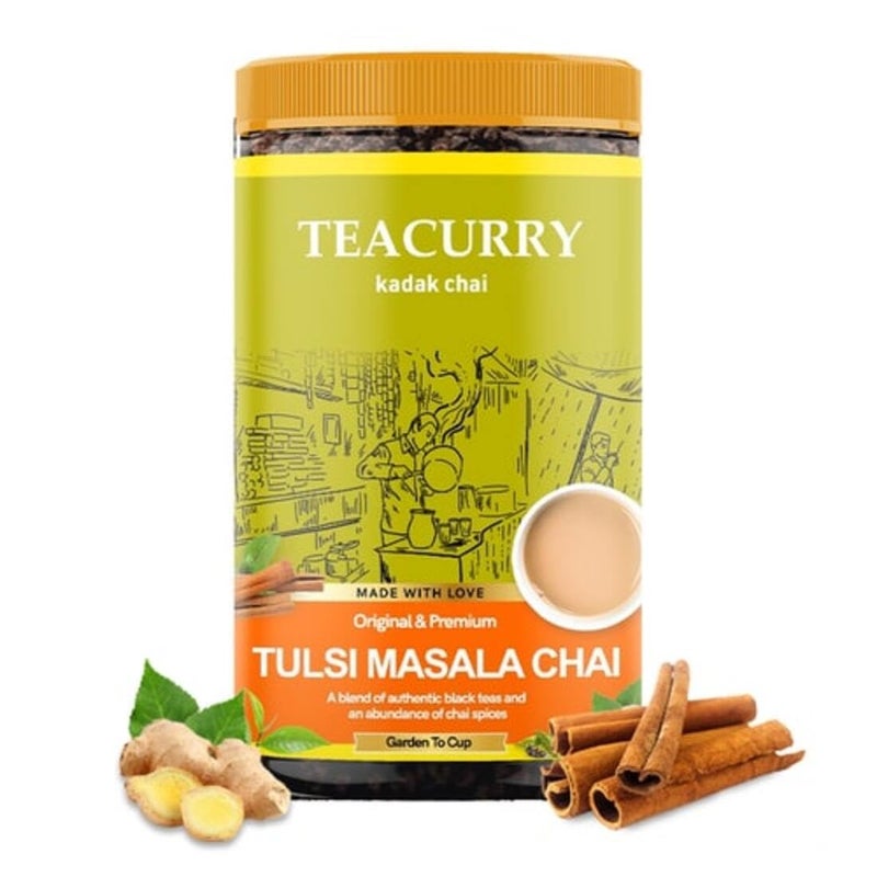 TEACURRY Tulsi Masala Chai (100 Grams, 50 Cups) - Basil Spiced Tea for Energy and Immunity - 100% Natural Flavoured Tea with Real Basil and Spices | Tasteful Tulsi Masala Flavor Chai Tea - Image 1