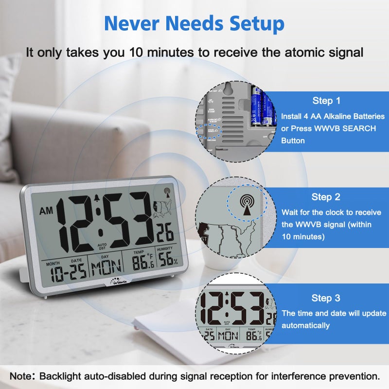 WallarGe Atomic Wall Clock with Backlight, Digital Wall Clock Battery Operated for Classroom, Bedroom, Office, Large Display with Indoor Temperature, Humidity, Date, AUTO DST, 6 Time Zones - Image 3