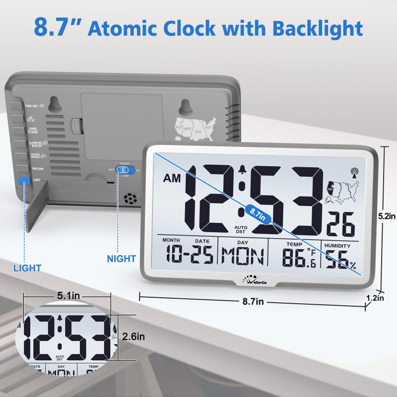 WallarGe Atomic Wall Clock with Backlight, Digital Wall Clock Battery Operated for Classroom, Bedroom, Office, Large Display with Indoor Temperature, Humidity, Date, AUTO DST, 6 Time Zones - Image 2