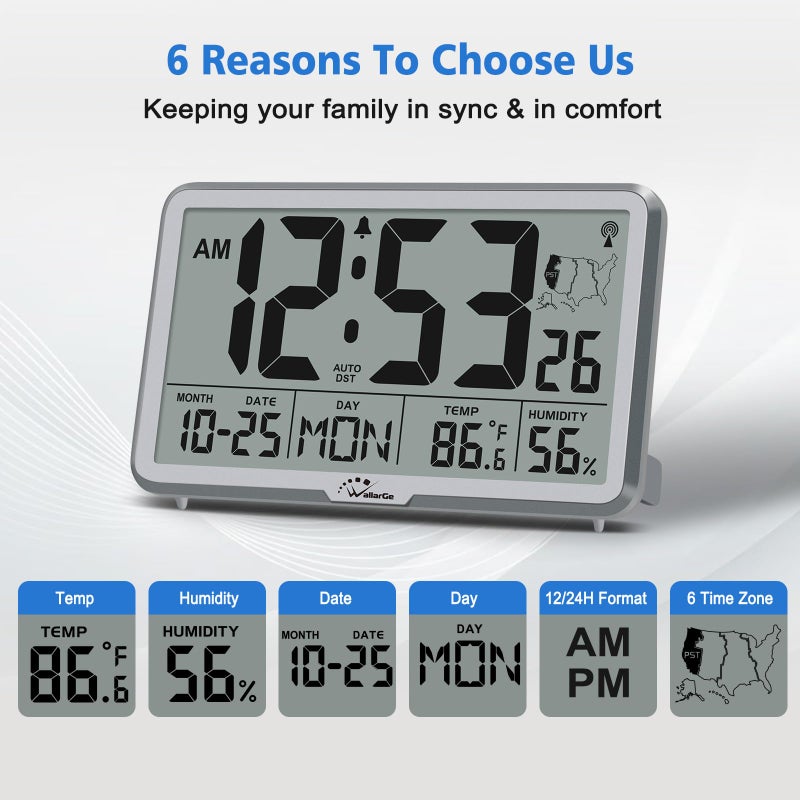 WallarGe Atomic Wall Clock with Backlight, Digital Wall Clock Battery Operated for Classroom, Bedroom, Office, Large Display with Indoor Temperature, Humidity, Date, AUTO DST, 6 Time Zones - Image 5