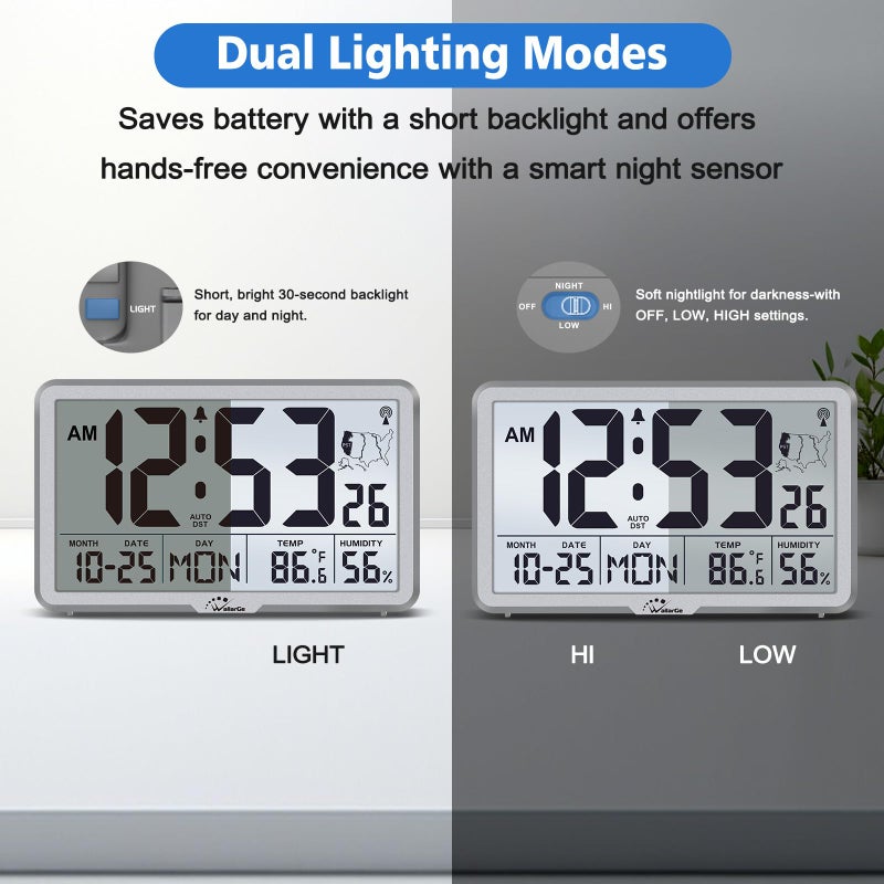WallarGe Atomic Wall Clock with Backlight, Digital Wall Clock Battery Operated for Classroom, Bedroom, Office, Large Display with Indoor Temperature, Humidity, Date, AUTO DST, 6 Time Zones - Image 4