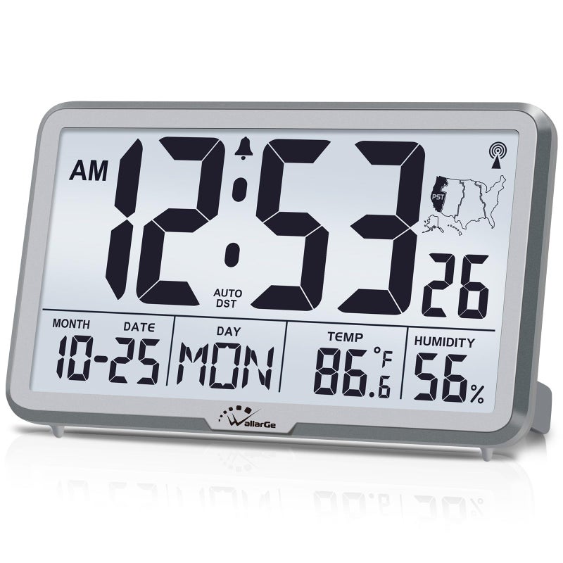 WallarGe Atomic Wall Clock with Backlight, Digital Wall Clock Battery Operated for Classroom, Bedroom, Office, Large Display with Indoor Temperature, Humidity, Date, AUTO DST, 6 Time Zones - Image 1