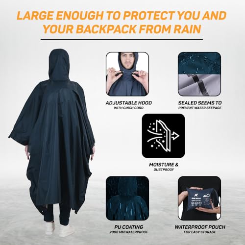 ROCKSPORT Waterproof Polyester Rain Poncho With Hood For Unisex II PU Coating 2000MM- Free Size (Blue) - Image 3