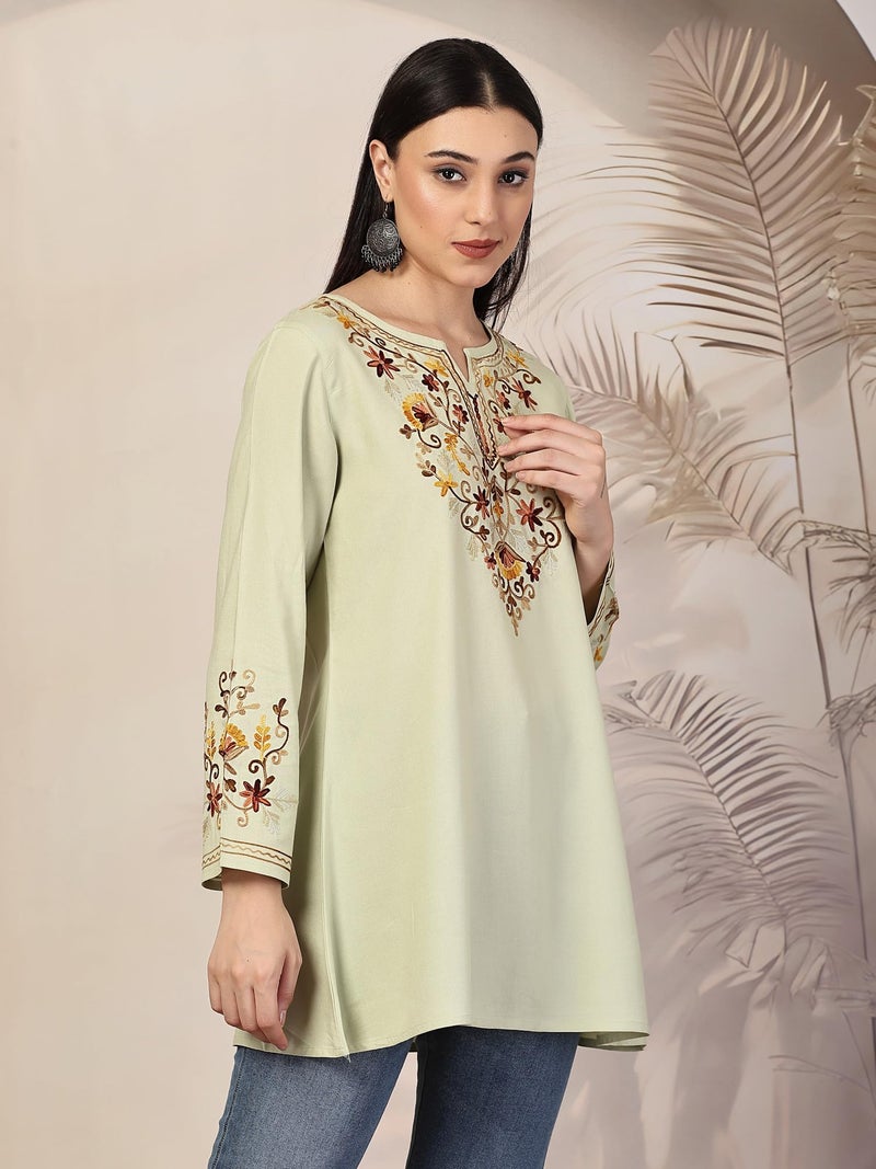 QAZMI Women's Rayon Jasmine Kashmiri A-Line Regular Fit Short Kurti_L Pastel Green - Image 2